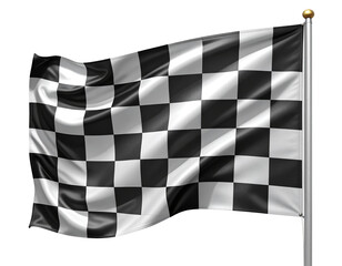  3D Checkered Finish Flag Waving, Front View, Isolated on Transparent Background.