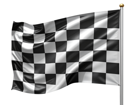  3D Checkered Finish Flag Waving, Front View, Isolated on Transparent Background.