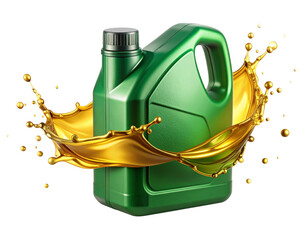 Angled View of Green Motor Oil Bottle with Curved Golden Lubricant Splash, Isolated on White Background.