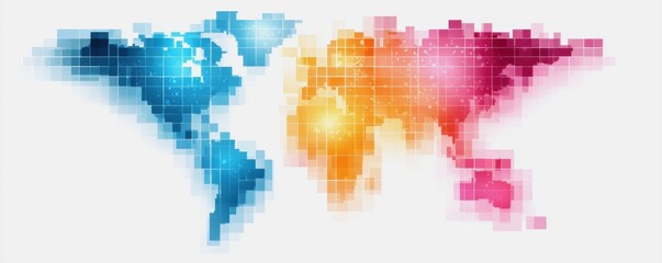 Concept of inequality in access to health services. A colorful, pixelated world map showcasing various regions in shades of blue, orange, pink, and yellow against a white background.