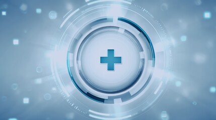 Obraz premium inequality in access to health services. A futuristic digital design featuring a central plus symbol, surrounded by circular patterns and glowing elements, suggesting a theme of health or technology.