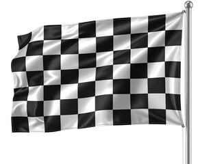  Curved 3D Racing Finish Flag on Pole, Angled Side Perspective, Isolated on Transparent Background.