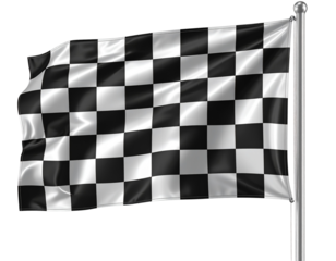  Curved 3D Racing Finish Flag on Pole, Angled Side Perspective, Isolated on Transparent Background.