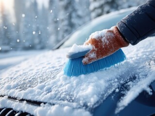 Hand brushing snow off car with winter brush