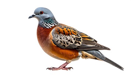 Obraz premium A colorful bird with a mix of orange, grey, and black plumage stands on a white background, in a side view