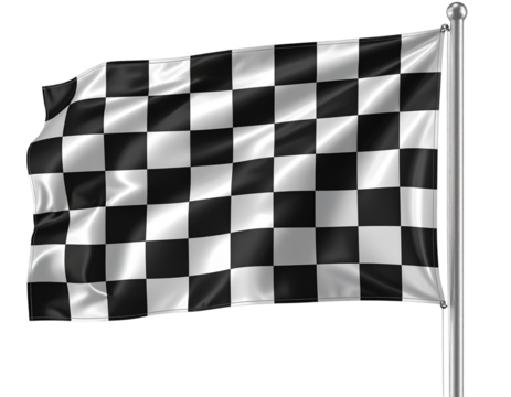  Curved 3D Racing Finish Flag on Pole, Angled Side Perspective, Isolated on Transparent Background.