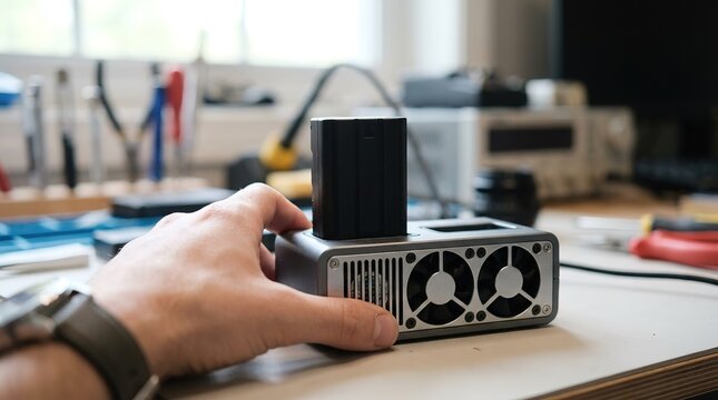 A close-up shot of a person's hand interacting with a technological device, suggesting innovation and technological advancement.