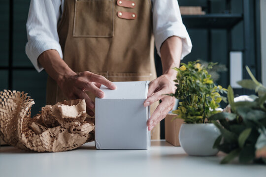 startup entrepreneur packs online order in recyclable cardboard box for eco-conscious customer