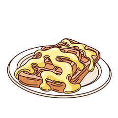 Waffles with syrup in groovy cartoon outline style, cute breakfast waffles with glossy topping and bold sweet details, breakfast snack drawing, vector illustration.