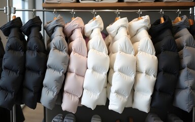 White, black and gray down jackets on the rack, shop. High quality