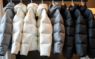 White, black and gray down jackets on the rack, shop. High quality