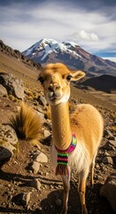 Fototapeta premium Andean heights vicu?a portrait amidst a rugged landscape with snow-capped peak gazing