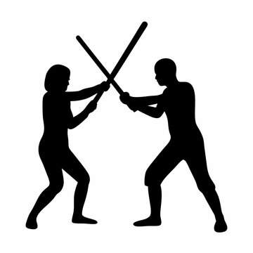 Silhouette of two individuals engaged in combat with sword like objects