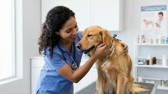 smiling mixed race veterinarian hugging golden retriever dog in clinic. female doctor in blue scrubs with stethoscope. pet health care and medical checkup. animal hospital. - Powered by Adobe