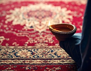 A traditional clay oil lamp glowing brightly held by a person on a vibrant red patterned carpet