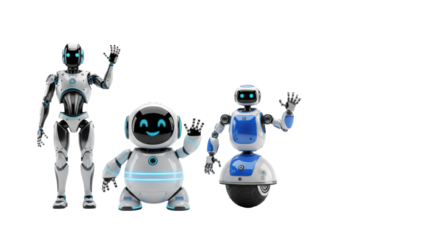 three cute, friendly white and blue futuristic robots waving hello on a seamless studio background with copy space, clean photorealistic 3d render. concept of approachable artificial intelligence