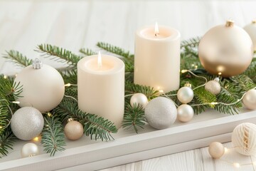 Elegant Christmas Decoration with White Candles and Ornaments