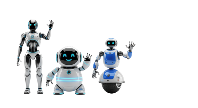 three cute, friendly white and blue futuristic robots waving hello on a seamless studio background with copy space, clean photorealistic 3d render. concept of approachable artificial intelligence