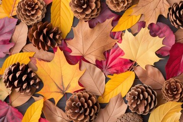 Colorful Autumn Leaves and Pine Cones on Wooden Background