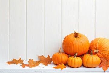 Orange Pumpkins and Autumn Leaves on a White Wooden Background