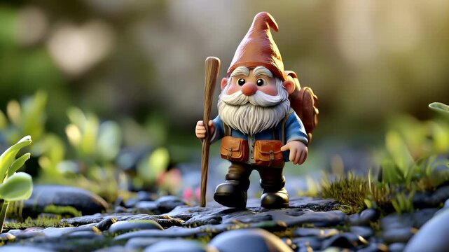 3D garden gnome with backpack and walking stick in forest setting.