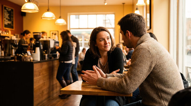 A candid image shows a man and woman in intimate conversation in a charming coffee shop setting.  The warm lighting casts a glow on the couple.