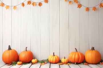 Autumn Decor with Pumpkins and Orange Leaves on Wooden Background