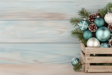 Cozy Christmas Decorations in Wooden Crate with Blue Background