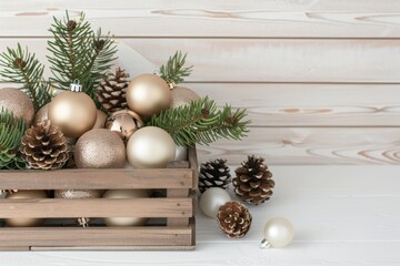 Elegant Christmas Decoration with Ornaments and Pine Cones in Basket