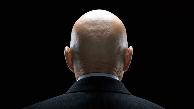 Rear view of a man's head, bald and wearing a suit, against a black background, suggesting formality, age, and perhaps authority or experience. The minimalist composition focuses