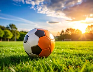 A colorful soccer ball rests on a vibrant green field with the setting sun and cloud-filled sky providing a scenic backdrop