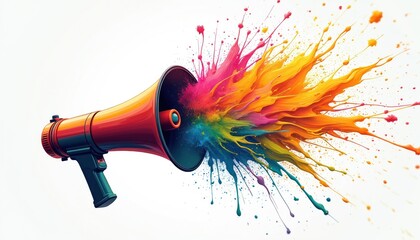 Red megaphone emits vibrant colorful paint splashes and particles against white backdrop. Abstract energetic sound wave illustration for creative announcement or promotion.