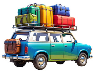  Overpacked Roadtrip Car with Roof Luggage and Gear, Side View, Isolated on Transparent Background.
