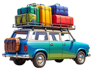  Overpacked Roadtrip Car with Roof Luggage and Gear, Side View, Isolated on Transparent Background.