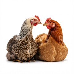 Fototapeta premium Two Domestic Chickens Sitting Together on White Background