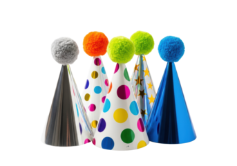 four pristine, cone-shaped party hats (silver foil, polka dots, stars, electric blue) with large, fluffy pom-poms clustered on a high-key transparent studio background, maximizing copy space. concept