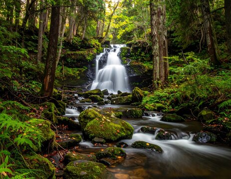 Forest waterfall. Moss-covered rocks & trees surround the cascading water. Long exposure blurs the water's movement
