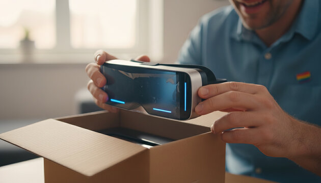 An individual with excitement opening a virtual reality headset from a cardboard box, the scene is set for a fully immersive experience.