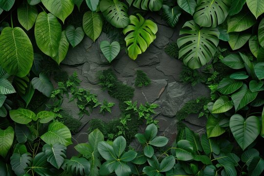 Lush Green Leaves and Plants with Natural Stone Background - Powered by Adobe