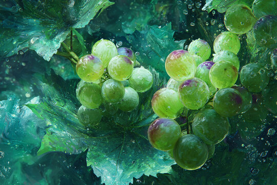 Macro view of ripe green grapes glistening with water droplets against lush foliage - Powered by Adobe