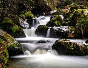 Fototapeta premium Serene river cascades through mossy rocks in a lush, natural forest setting