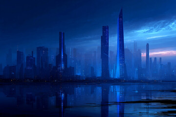 A futuristic city skyline glows with neon blue lights reflecting on the water at dusk