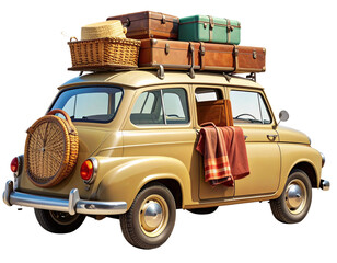  Vintage Overpacked Roadtrip Car with Mixed Cargo and Retro Suitcases, Angled View, Isolated on Transparent Background.