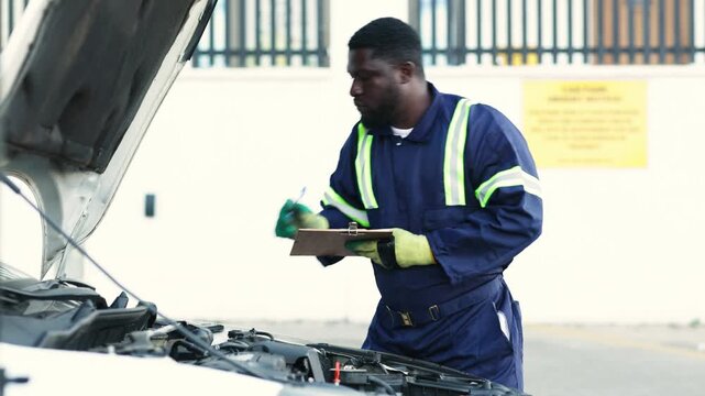 African mechanic recording car diagnostics on a clipboard during routine maintenance in his workshop - Powered by Adobe