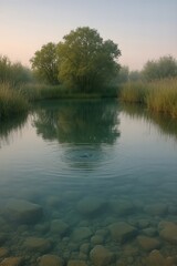Fototapeta premium Reed-ringed pool with spreading ripples