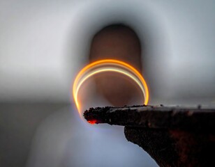 Captivating long exposure light painting reveals a fiery arc over a dark texture