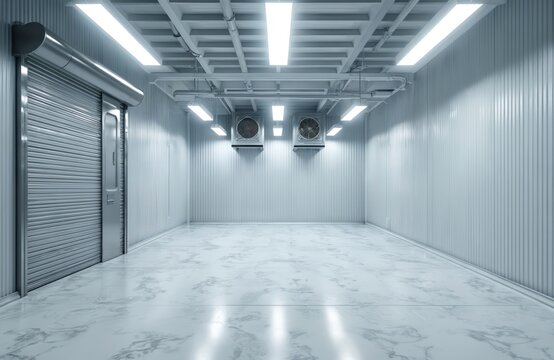 Empty industrial cold storage chamber with two air coolers mounted on wall. Large roller shutter door on side, ceiling lights illuminate space. Clean sterile room.