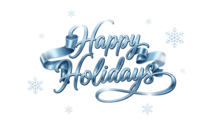 Elegant happy holidays silver script with decorative ribbon and snowflakes on black