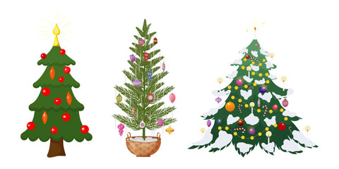 Different Christmas trees set isolated on transparent background. Design for sticker, decoration, card, poster, artwork. Colorful winter trees for holiday xmas and new year. Vector illustration