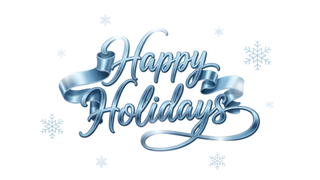 Elegant happy holidays silver script with decorative ribbon and snowflakes on black